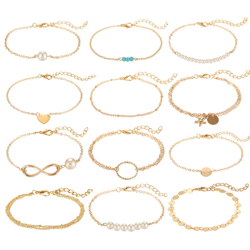 Softones 12pcs Simple Silver Gold Bracelets for Women Cute Pearl Bracelet Tiny Charm Dainty Handmade Bracelet Set Adjustable - Image 1